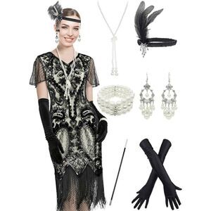 ✨ 7PCS 1920s Great Gatsby Flapper Costume Sequin Dress S & Accessories Set NEW